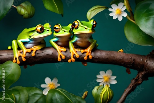 Wallace s flying frogs on branch with flower  photo