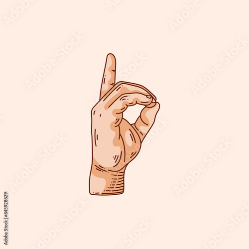 D letter logo in a deaf-mute hand gesture alphabet. Hand drawn vector illustration isolated on brown background.