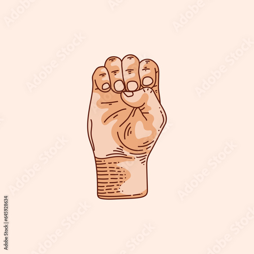 E letter logo in a deaf-mute hand gesture alphabet. Hand drawn vector illustration isolated on brown background.