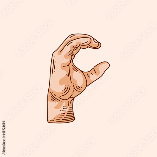 C letter logo in a deaf-mute hand gesture alphabet. Hand drawn vector illustration isolated on brown background.