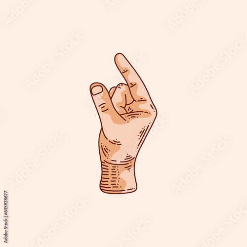 G letter logo in a deaf-mute hand gesture alphabet. Hand drawn vector illustration isolated on brown background.