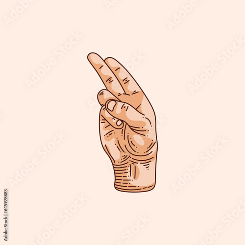 H letter logo in a deaf-mute hand gesture alphabet. Hand drawn vector illustration isolated on brown background. photo