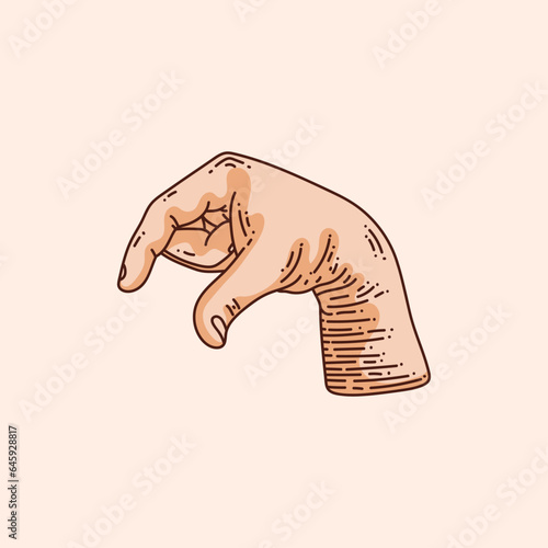 Q letter logo in a deaf-mute hand gesture alphabet. Hand drawn vector illustration isolated on brown background.