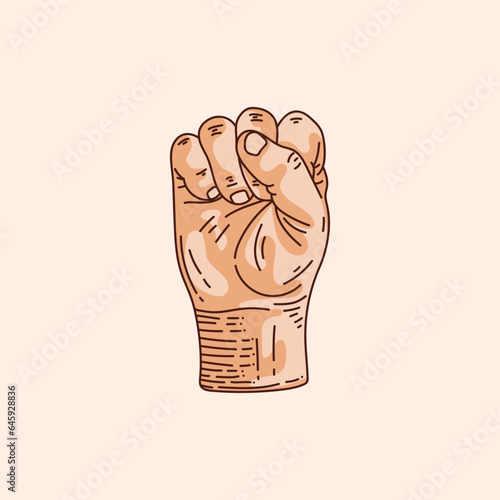 S letter logo in a deaf-mute hand gesture alphabet. Hand drawn vector illustration isolated on brown background.