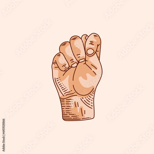 T letter logo in a deaf-mute hand gesture alphabet. Hand drawn vector illustration isolated on brown background.