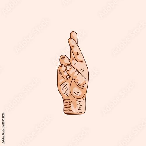R letter logo in a deaf-mute hand gesture alphabet. Hand drawn vector illustration isolated on brown background.