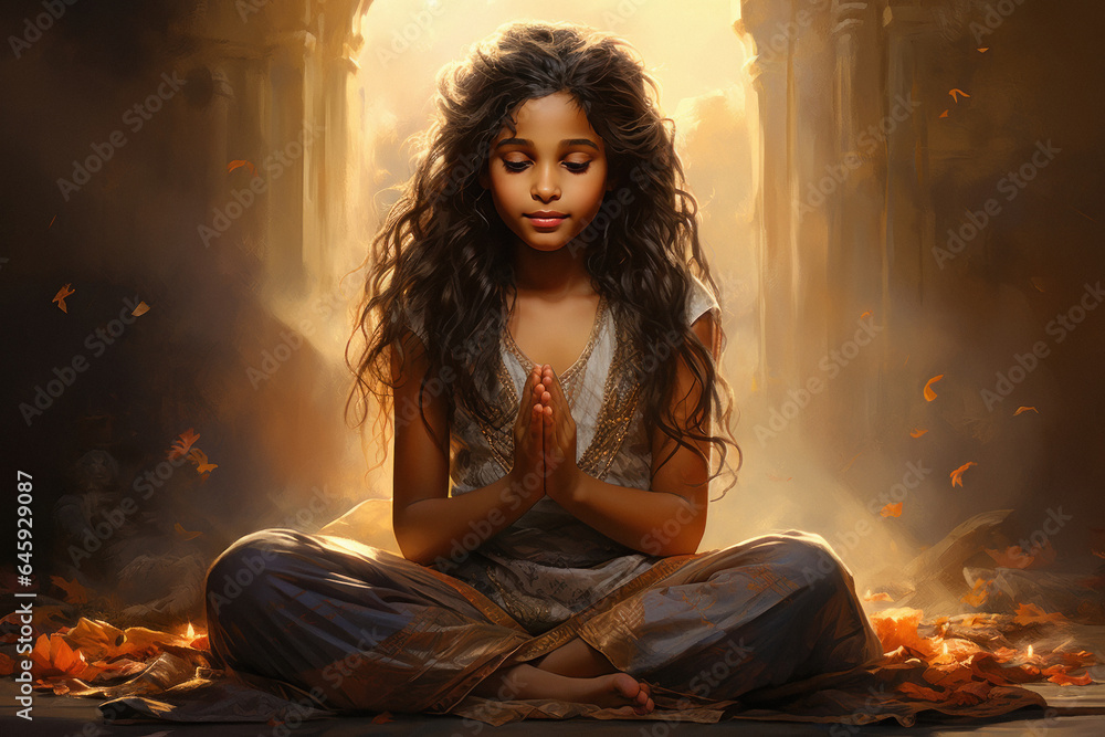 Indian little girl praying or namaste gesture