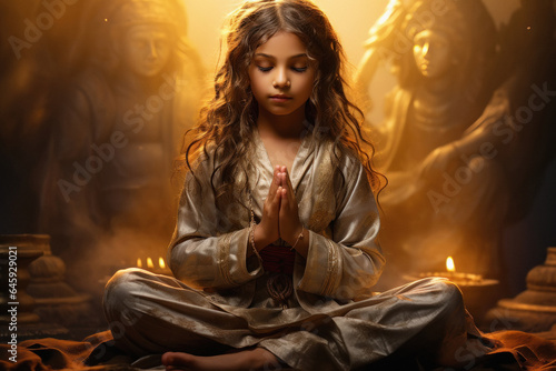 Indian little girl praying or namaste gesture