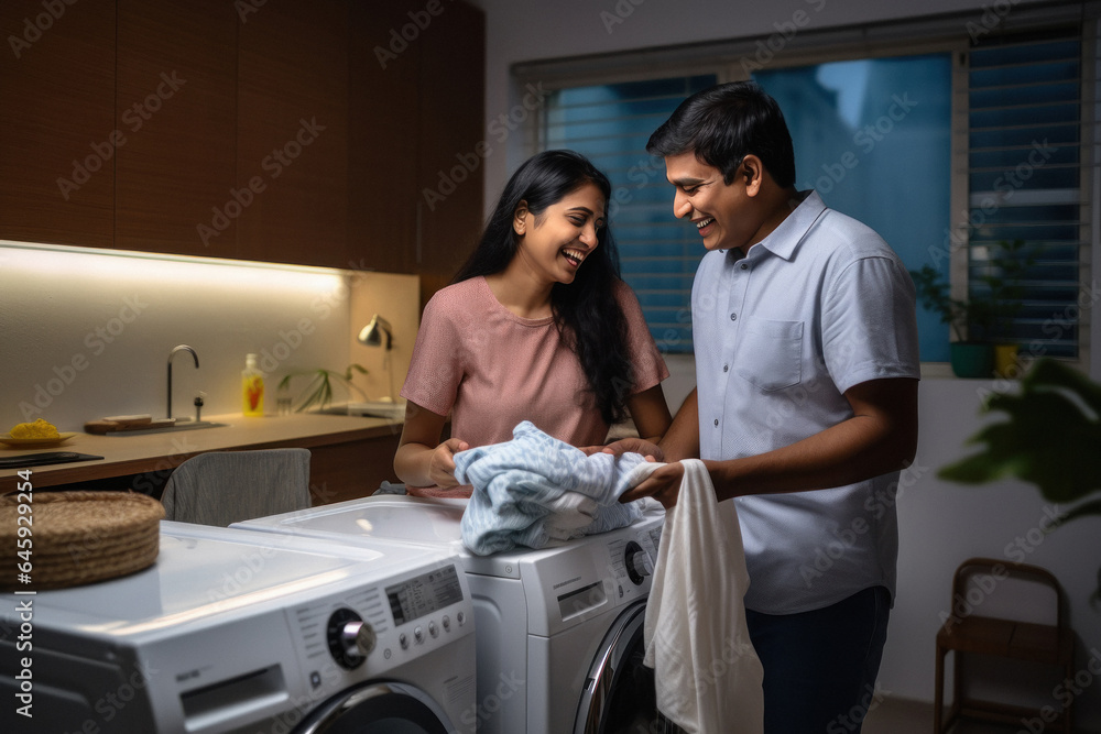 Obraz premium Indian man helping to his wife in house work