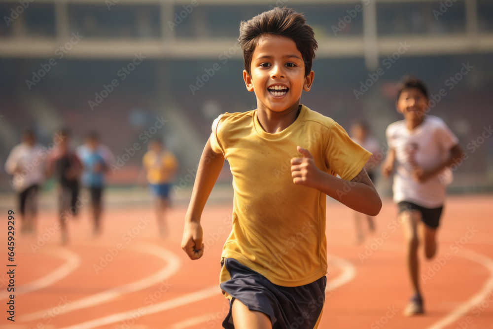 Indian little boy running in stadium. Concept of action, sport, healthy life, competition.