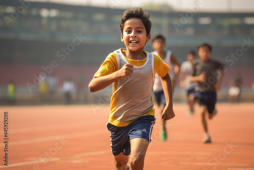 Indian little boy running in stadium. Concept of action, sport, healthy life, competition.