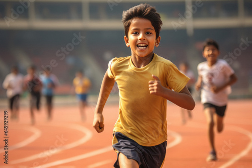 Indian little boy running in stadium. Concept of action, sport, healthy life, competition.