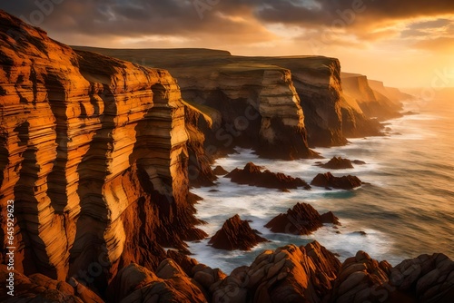 The rugged textures of a windswept coastal cliff bathed in the golden light of sunset 