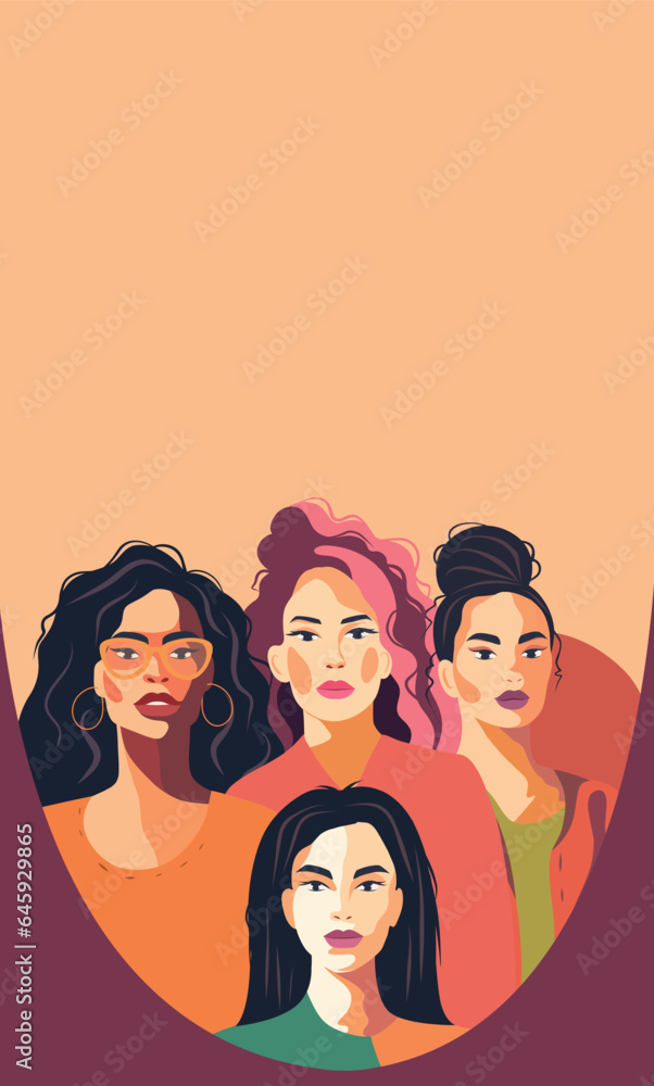 The banner is vertical. A group of beautiful women with different beauty, skin color. The concept of woman, femininity, independence and equality. Pastel palette. Vector illustration of place for text