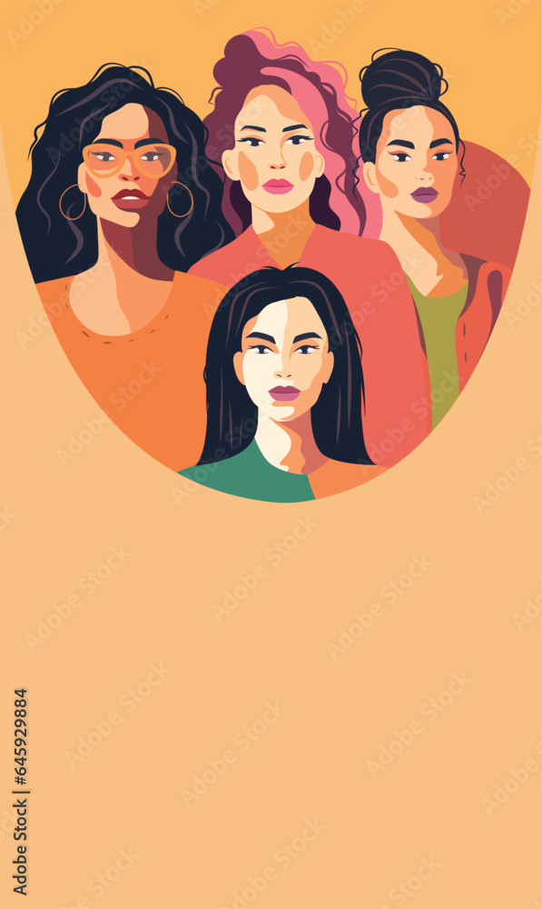 The banner is vertical. A group of beautiful women with different beauty, skin color. The concept of woman, femininity, independence and equality. Vector illustration of place for text
