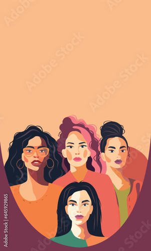 The banner is vertical. A group of beautiful women with different beauty, skin color. The concept of woman, femininity, independence and equality. Pastel palette. Vector illustration of place for text