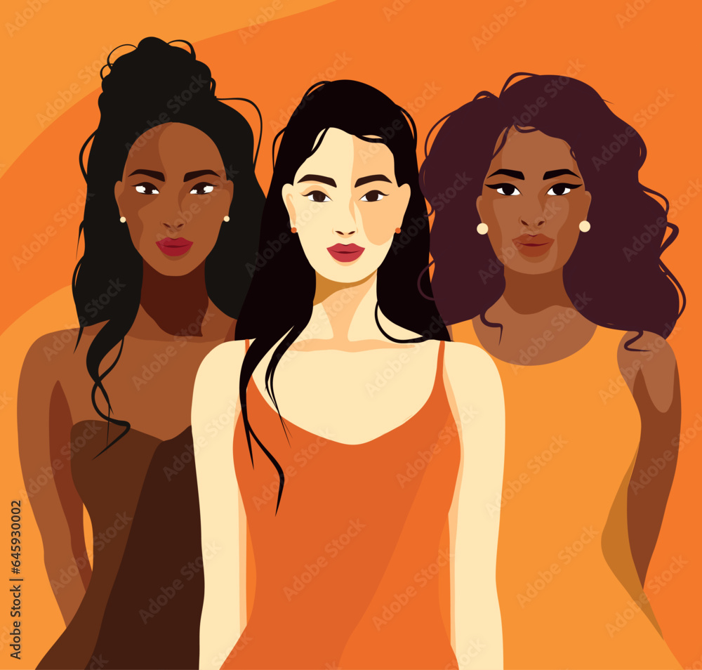 Vector Women's Day banner. A group of beautiful gentle women with different beauty, skin color. Beige, brown color background. Women's rights, femininity, independence and gender equality
