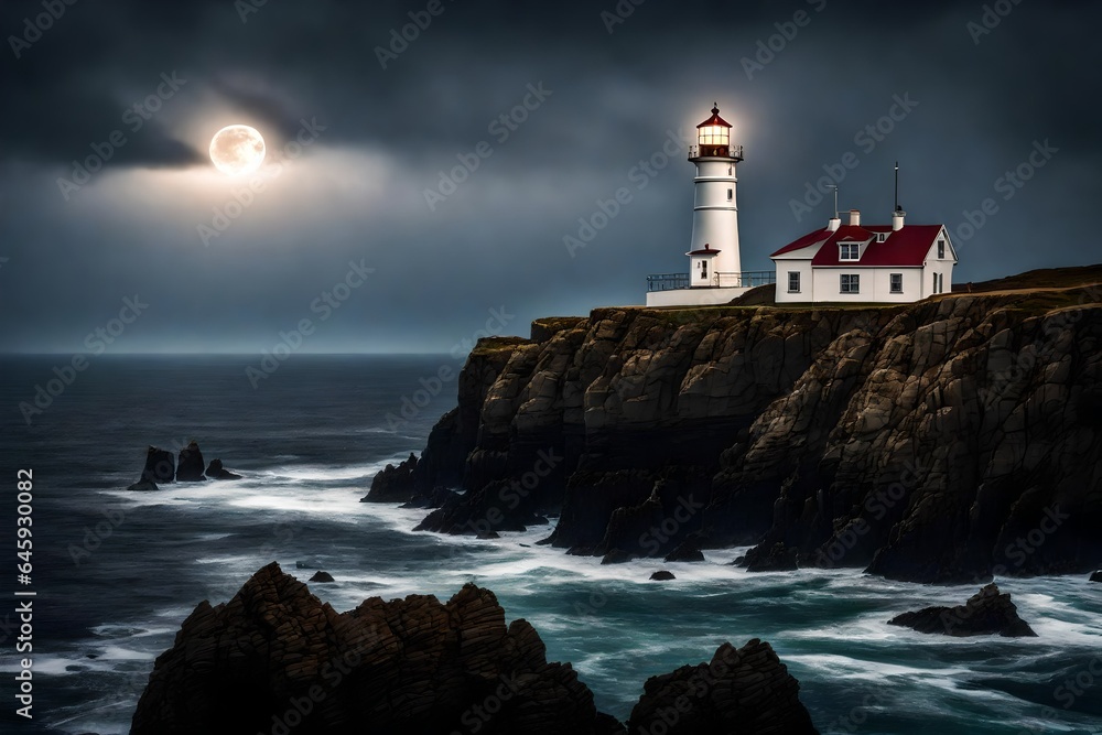 The elegance of a lone lighthouse perched on a rugged coastal cliff, guiding ships through the night.  