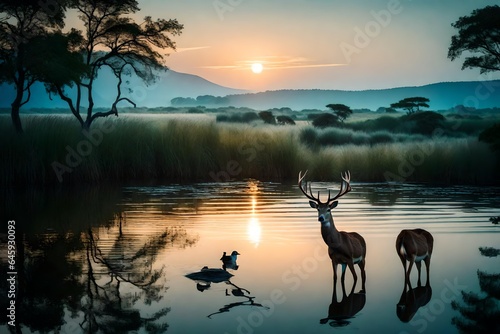 At twilight, focus on the silhouettes of animals against the backdrop of a serene landscape – a deer by the water's edge, a bird on a branch – celebrating the coexistence of life and nature.   © Nature Lover