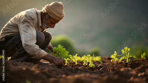 A farmer from the Middle East in a field leaning over the crops, Generative AI