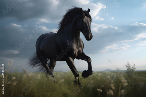 black horse running in a field, Friesian stallion