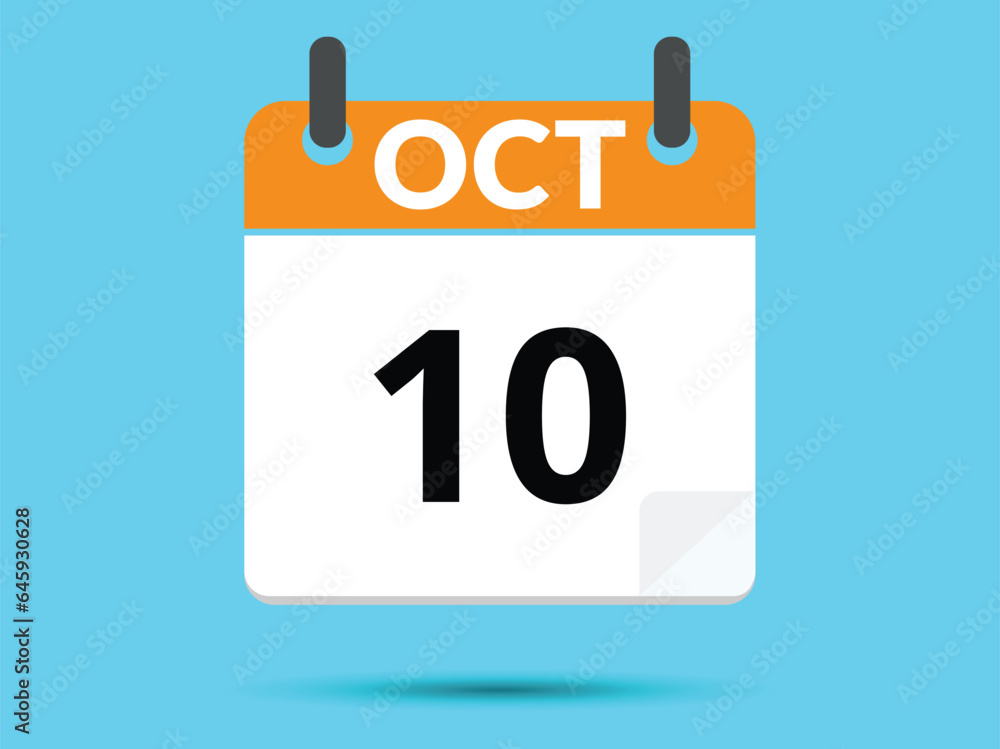 10 October. Flat icon calendar isolated on blue background. Vector illustration. 10 October. Flat icon calendar isolated on blue background. Vector illustration.