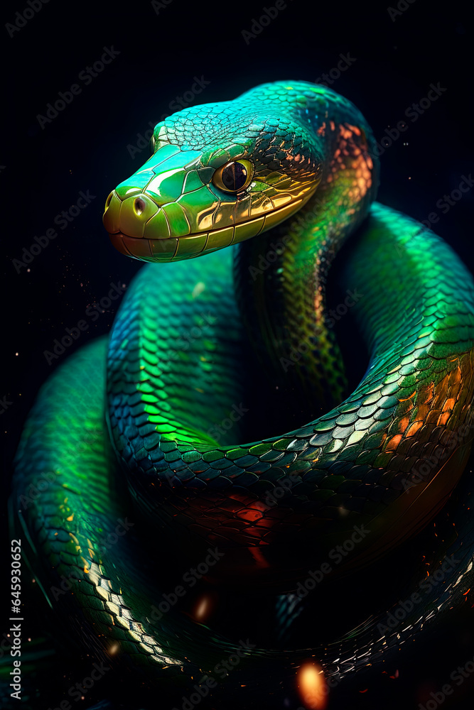 A neon snake on a black background. Generative AI A neon snake on a black background. Generative AI