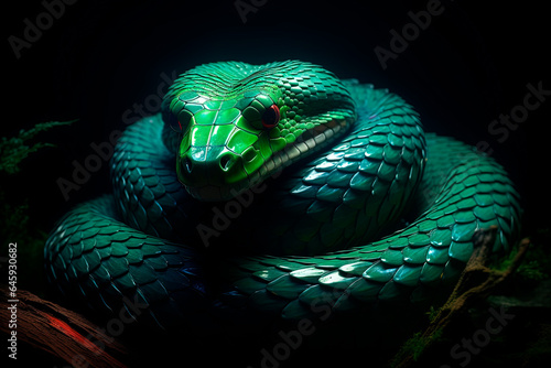 A neon snake on a black background. Generative AI