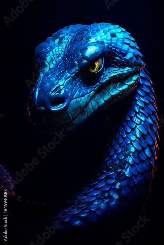A neon snake on a black background. Generative AI © Oleksandr