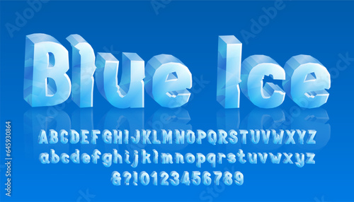Blue Ice alphabet font. 3D cartoon ice letters and numbers. Uppercase and lowercase. Stock vector typeface for your typography design.