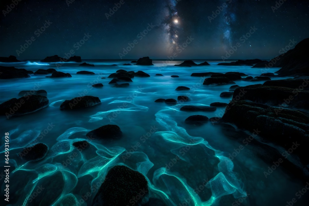 The otherworldly glow of bioluminescent plankton along a moonlit shoreline.  