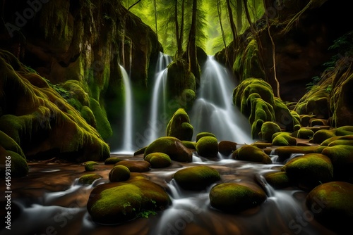 The graceful dance of a waterfall cascading down moss-covered rocks in a lush canyon.  