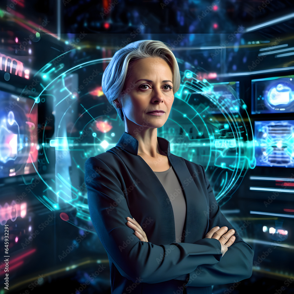 A middle age, senior, old businesswoman with futuristic virtual screen technology background. Happy, confident woman face, active lifestyle, integration in new technology research. AI generative A middle age, senior, old businesswoman with futuristic virtual screen technology background. Happy, confident woman face, active lifestyle, integration in new technology research. AI generative