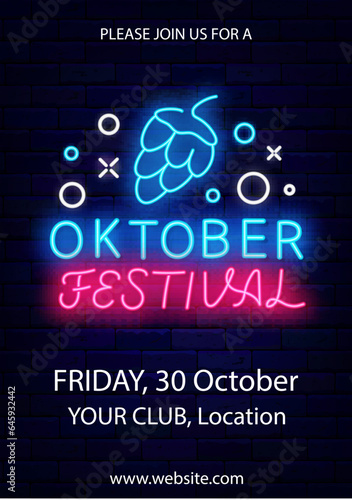 Oktober festival neon flyer. Hop cone icon. Vertical poster template. Glowing advertising. Vector illustration