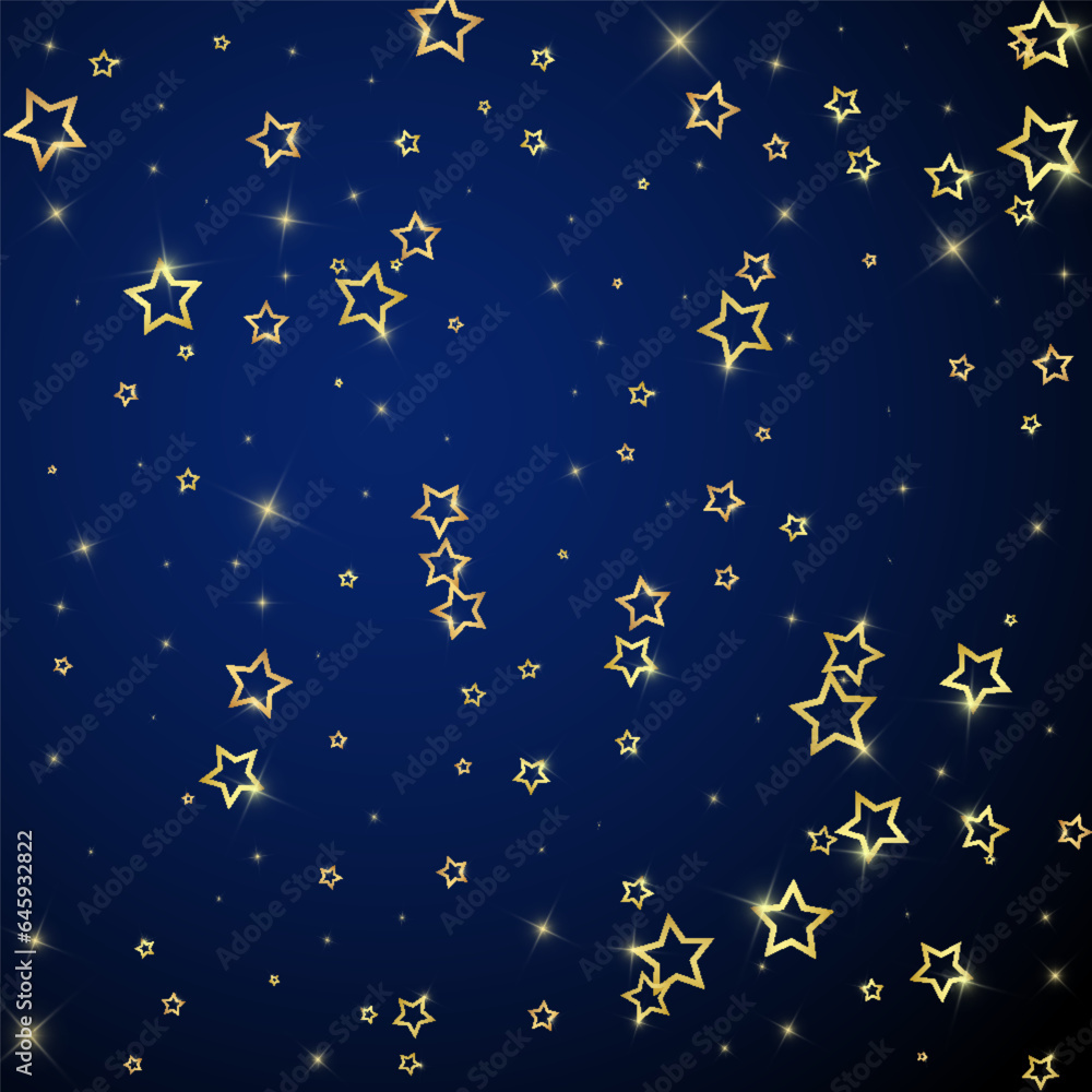 Christmas spirit. Scattered falling stars. Festive christmas confetty overlay template. Festive stars vector illustration on dark blue background.