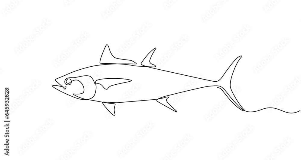 Fototapeta premium Ikan tuna segar dalam gaya gambar seni garis berkelanjutan. Konsep ikan tuna dalam gaya doodle dengan latar belakang putih. Ilustrasi vektor