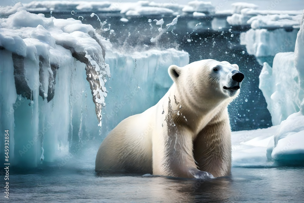 Majestic Polar Bear is seen in its natural habitat splashing in water 