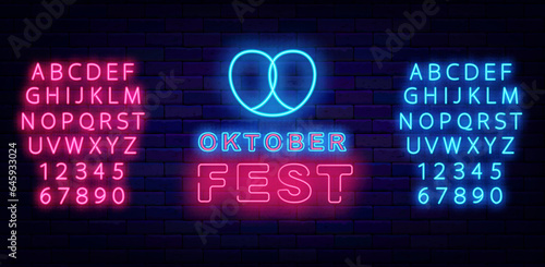 Oktoberfest neon label. Pretzel icon. Shiny pink and blue alphabet. Traditional germany event. Vector stock illustration
