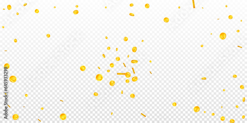 Bitcoin coins falling. Cryptocurrency scattered