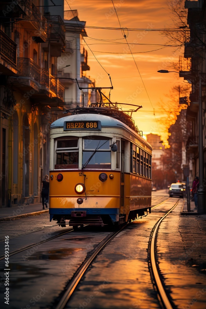 Tram through the city in sunset