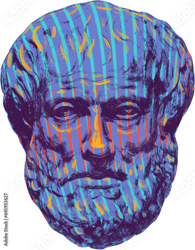 Psychedelic art, great greek philosopher Aristotle, modern grunge style, isolated vector head, acid color drawing of human brain