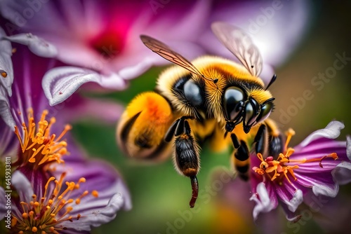 A macro shot of a bee collecting nectar from the heart of a vividly colored blossom.   © Nature Lover