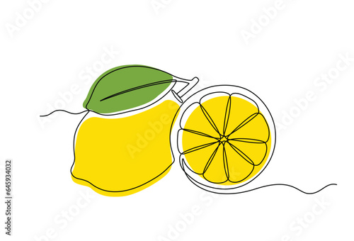 lemon fruit with cut lemon fruit in continuous line art drawing style. Orange fruit concept accompanied by lemon slices in doodle style on a white background. Vector illustration