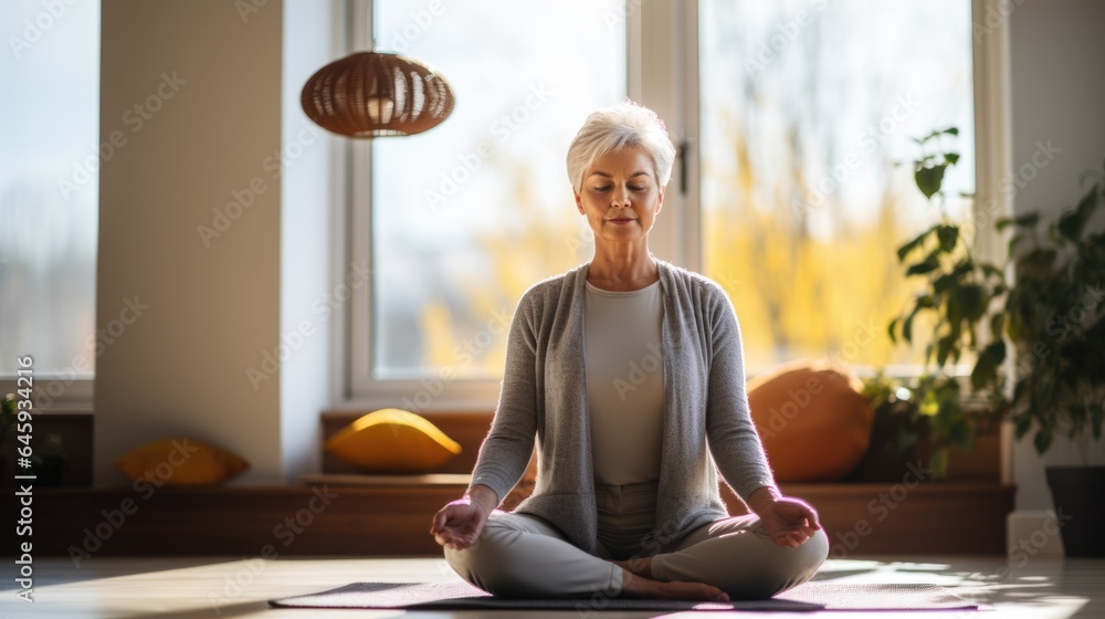healthy senior woman practice yoga at home in the morning sunrise. healthy senior woman practice yoga at home in the morning sunrise.