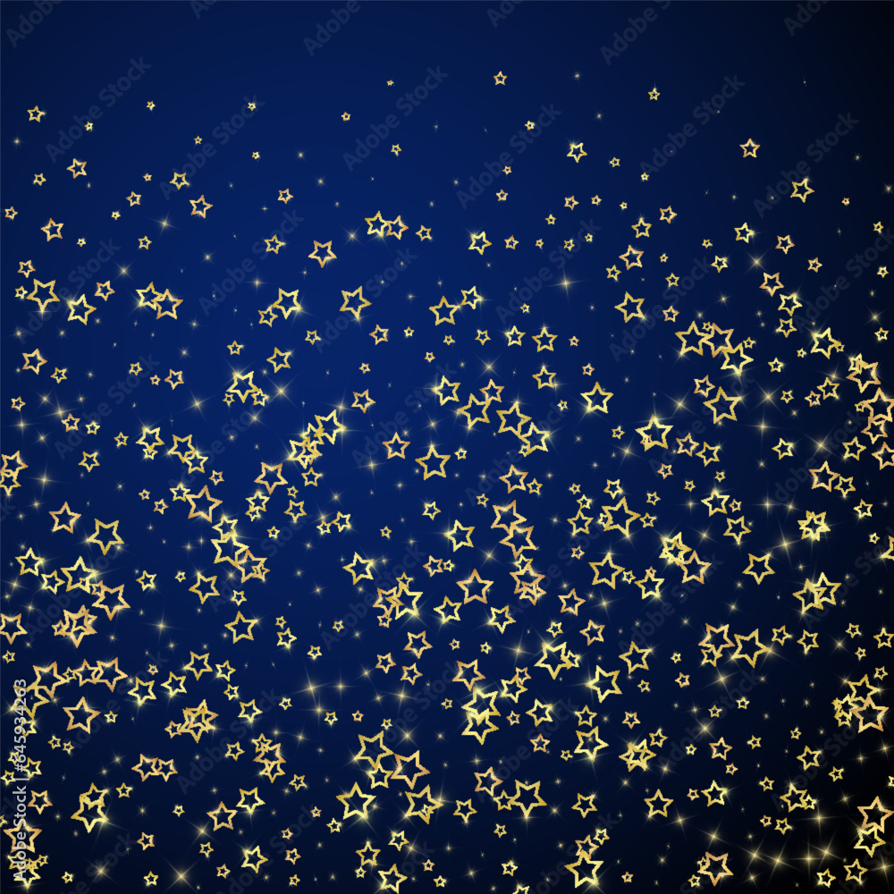 Gold sparkling star confetti. Chaotic dreamy childish overlay template. Festive stars vector illustration on dark blue background. Gold sparkling star confetti. Chaotic dreamy childish overlay template. Festive stars vector illustration on dark blue background.