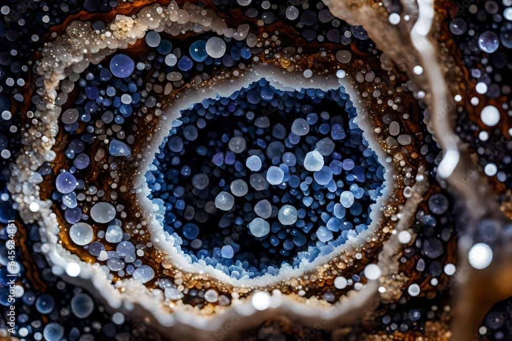 A close-up of a geode's sparkling interior, a hidden world of crystals. A close-up of a geode's sparkling interior, a hidden world of crystals.