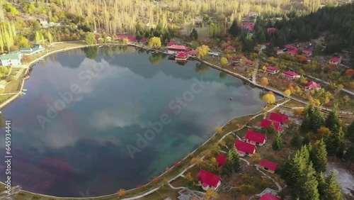 aerial footage of shangrila lake in autumn season
 photo