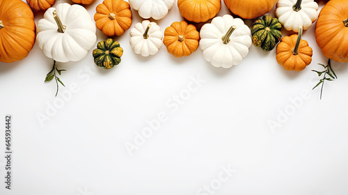 pumpkins on a white background, top view, copy space