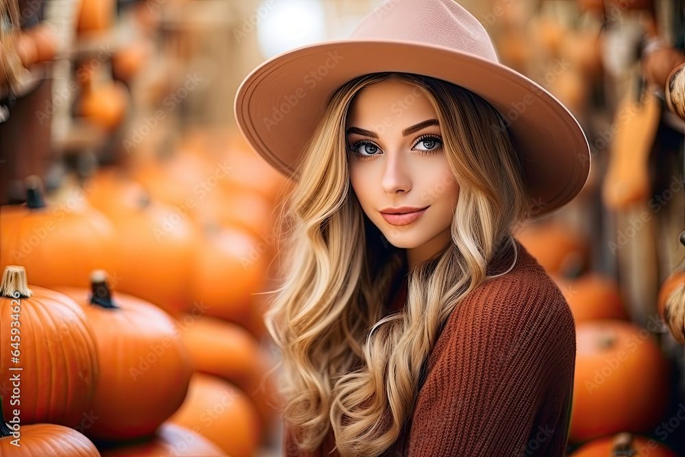 Autumn portrait of a woman wearing a hat, pumpkin patch on the background Autumn portrait of a woman wearing a hat, pumpkin patch on the background