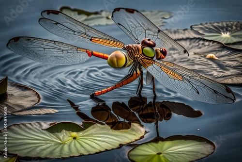 The intricate details of a dragonfly perched on a water lily, surrounded by ripples in a pond.  